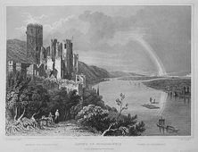 Steel engraving from %27Views of the Rhine%27 by William Tombleson (around 1840): Ruins of Stolzenfels