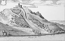 Burg Drachenfels, Stich 17. Jahrhundert mit Rutsche für die Steine - By Matthäus Merian [Public domain], via Wikimedia Commons