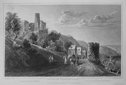 Steel engraving from "Views of the Rhine" by William Tombleson (around 1840): Ruins of the Fuerstenberg Castle