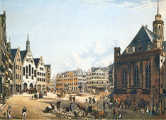 Römerberg und Nikolaikirche, kolorierter Kupferstich von F. W. Delkeskamp, 1822