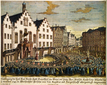 Huldigung der Frankfurter Bürger - Römerberg mit Römer 1745, zeitgenössischer Kupferstich